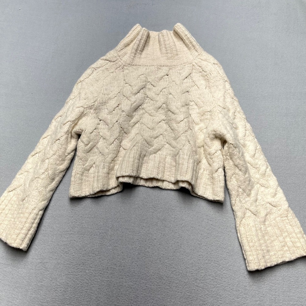 Reformation Ivory Cable Knit Mock Neck Cropped Sweater 100% Merino Wool Womens S